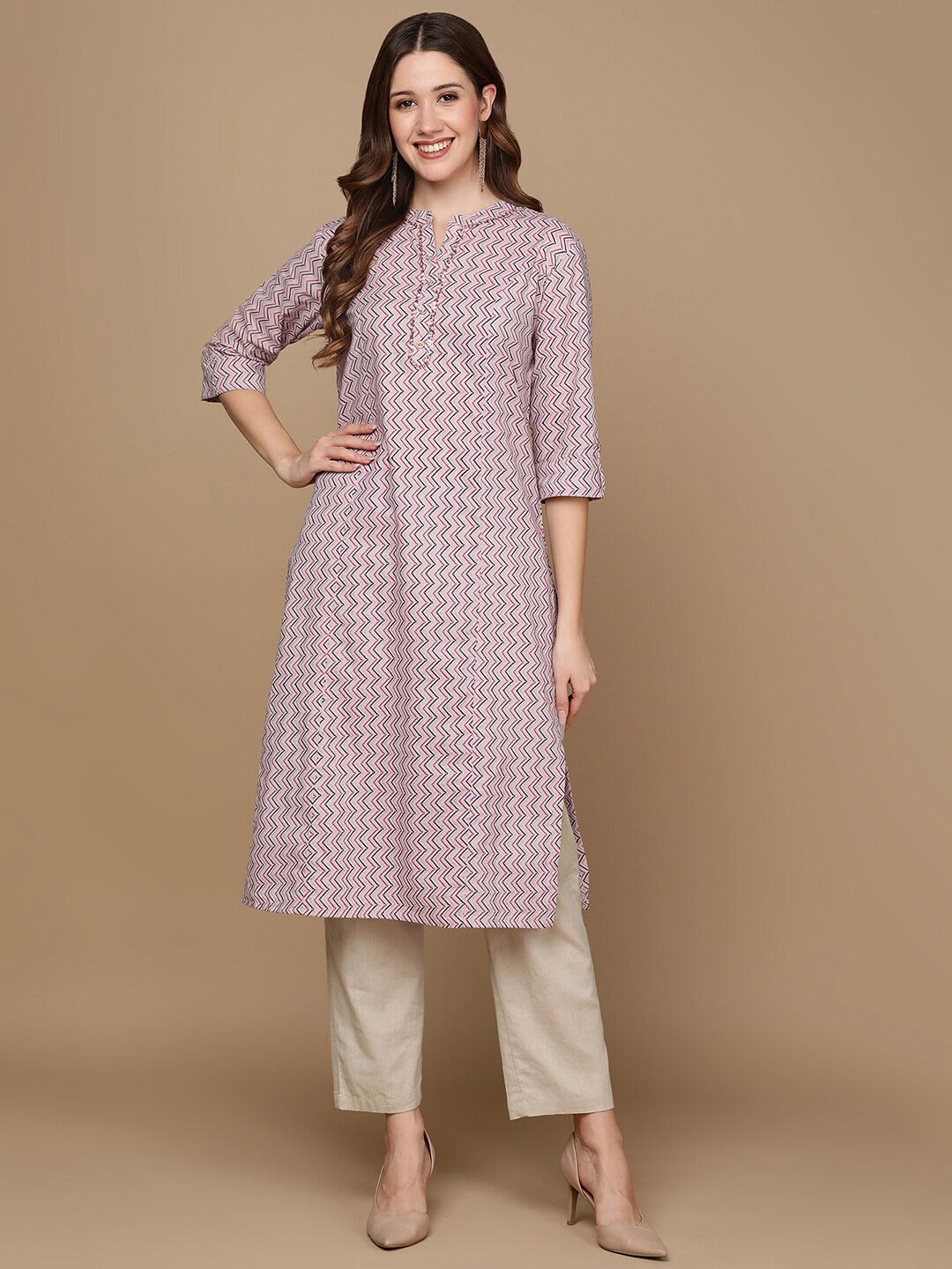 HERE&NOW Pink & Brown Chevron Printed Sequined Pure Cotton Kurta | Grocsy