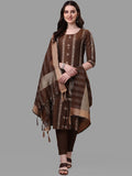 HERE&NOW Brown Striped Regular Pure Cotton Kurta With Trousers & Dupatta | Grocsy