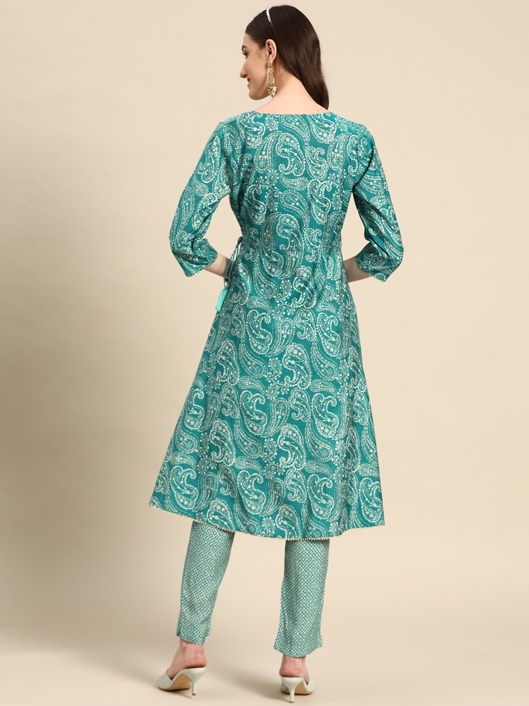 Sangria Women Turquoise Blue Paisley Printed Angrakha Gotta Patti Kurta with Trousers | Grocsy