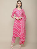 Sangria Women Floral Printed Mirror Work Pure Cotton Kurti with Trousers & Dupatta | Grocsy