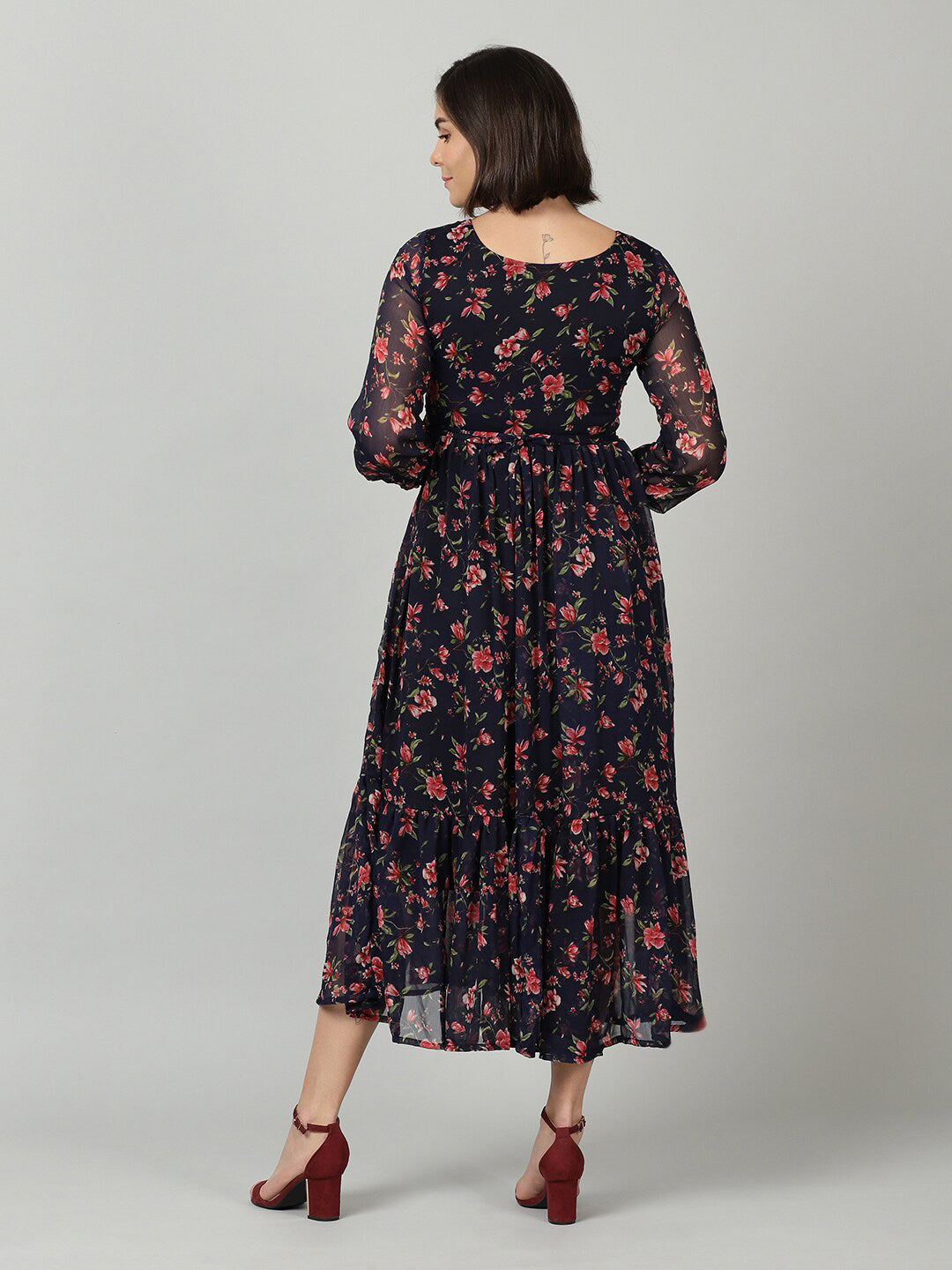 Souchii Women Navy Blue & Red Floral Chiffon A-Line Tiered Dress | Grocsy