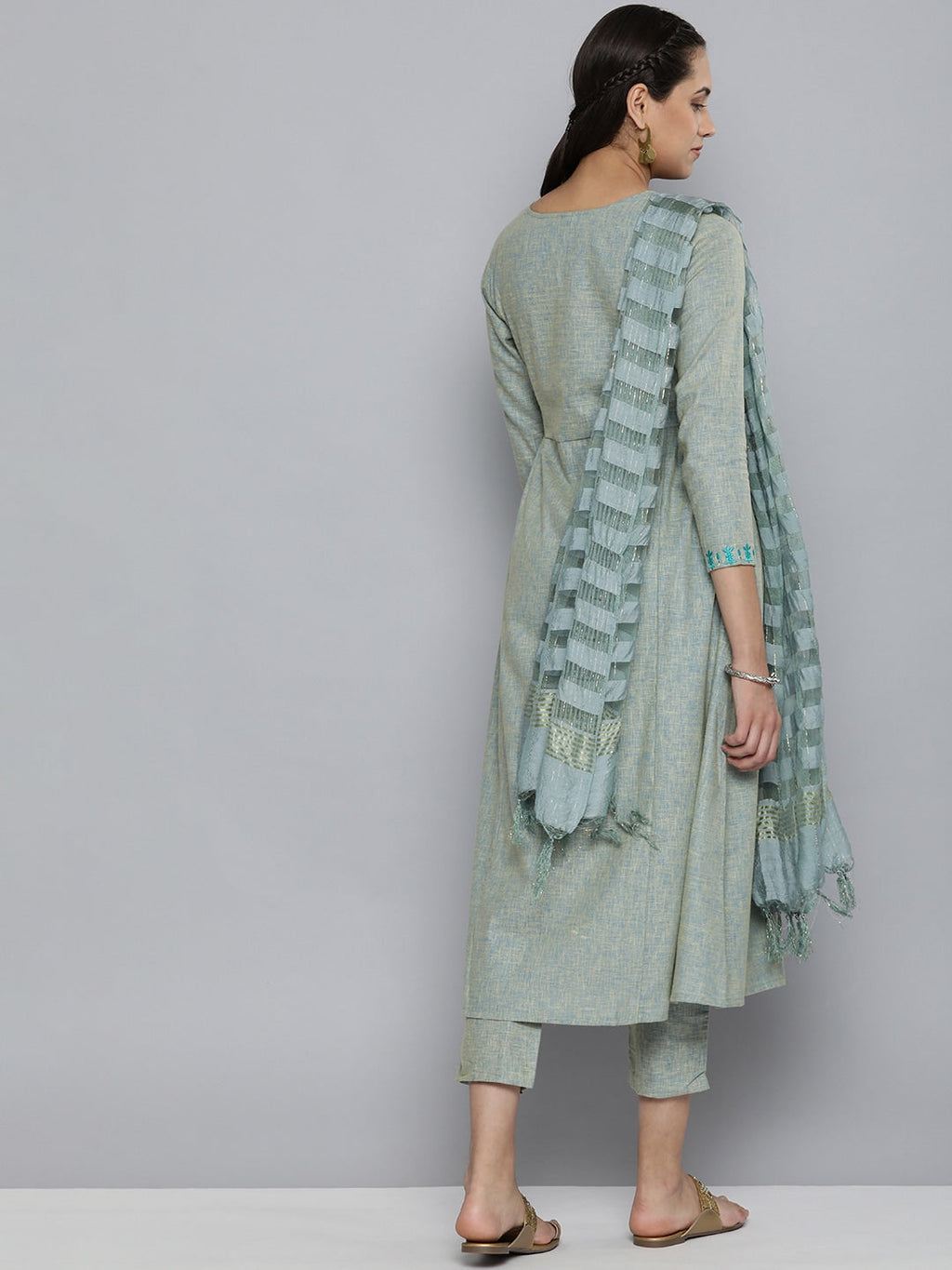 HERE&NOW Grey & Blue Embroidered Cotton Kurta with Trousers & With Dupatta | Grocsy