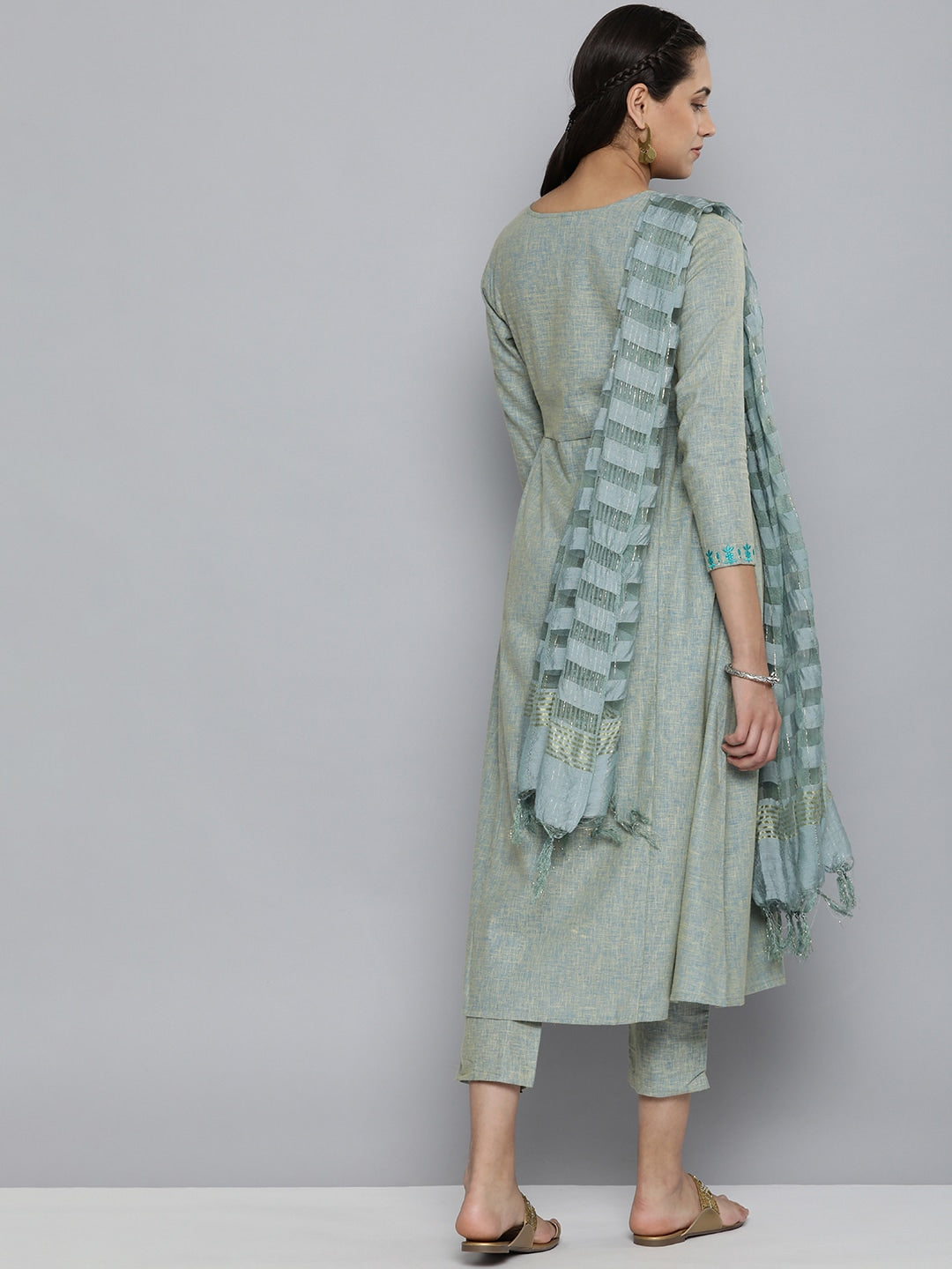 HERE&NOW Grey & Blue Embroidered Cotton Kurta with Trousers & With Dupatta | Grocsy