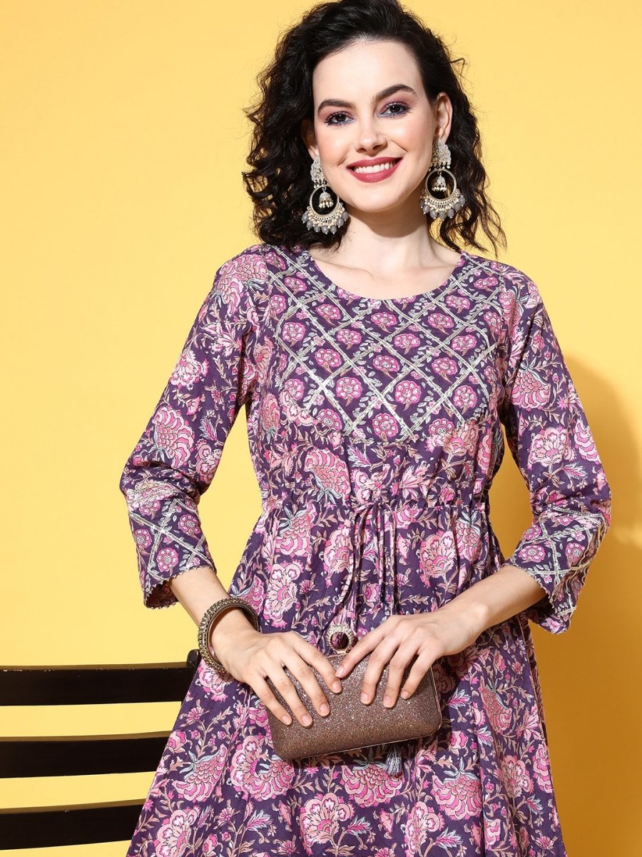 All About You Women Purple Floral Printed Regular Gotta Patti Pure Cotton Kurta with Sharara | Grocsy