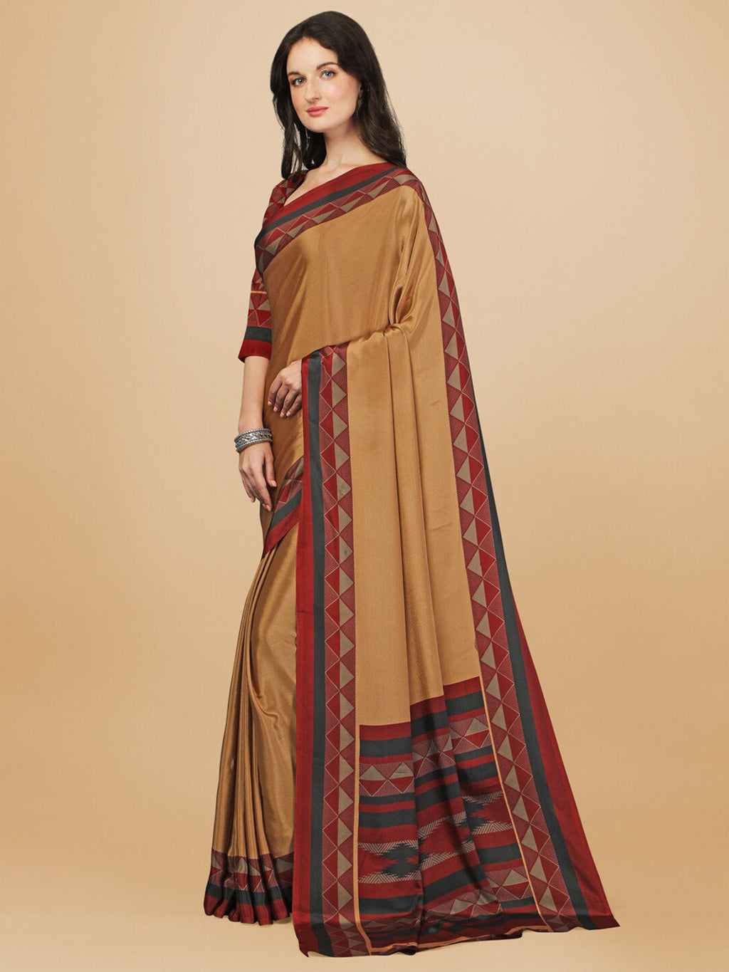 Sangria Beige & Red Pure Crepe Saree | Grocsy