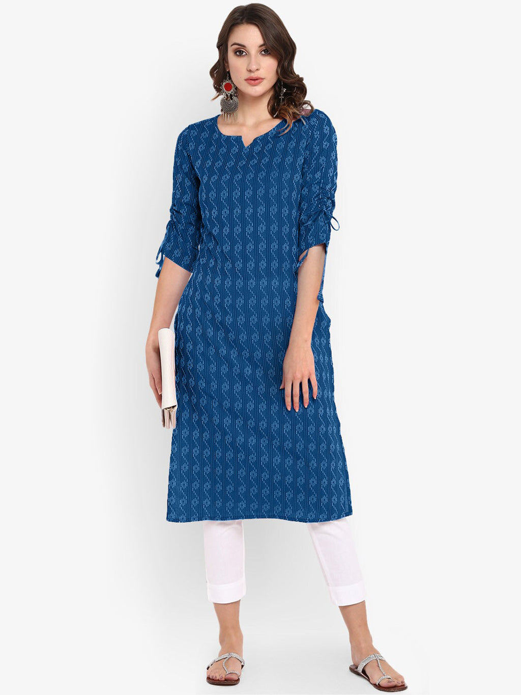 Janasya Women Blue Woven Design Straight Kurta | Grocsy