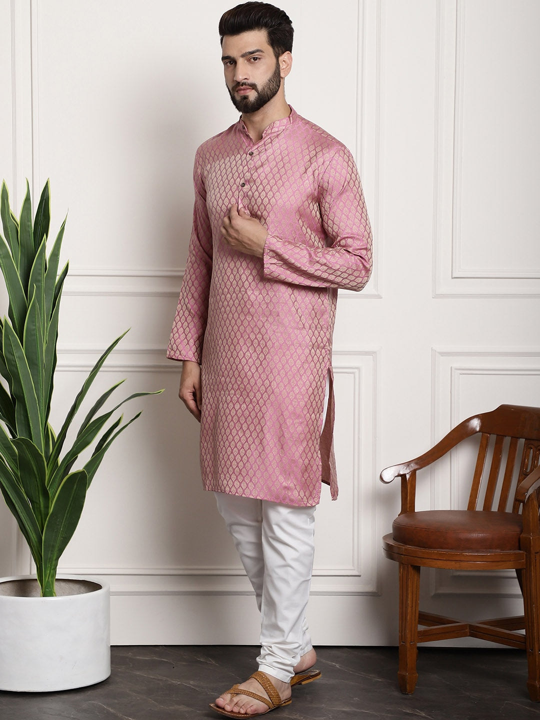 Sojanya Men Pink & Off-White Woven Design Kurta with Churidar | Grocsy