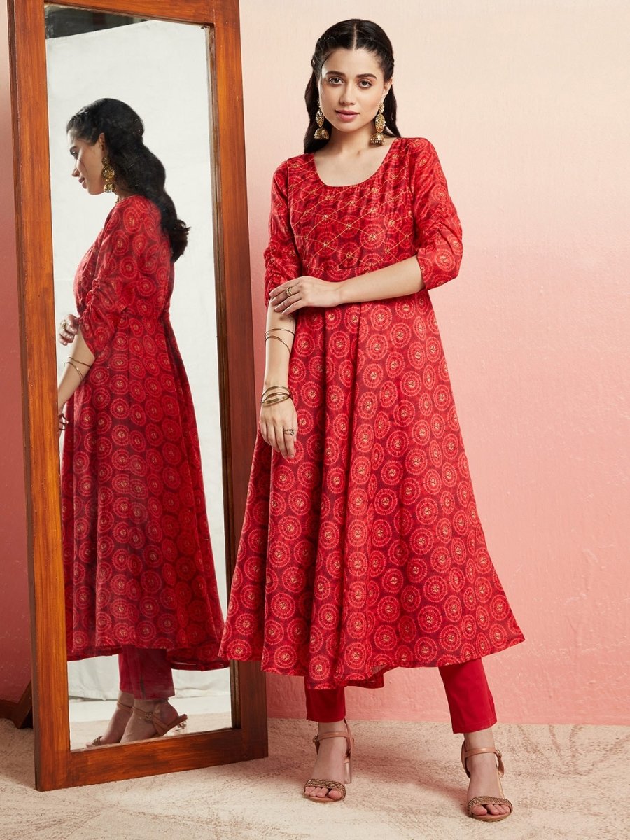 Aks Ethnic Motifs Printed Sequined Detailed Chanderi Silk Anarkali Kurta | Grocsy