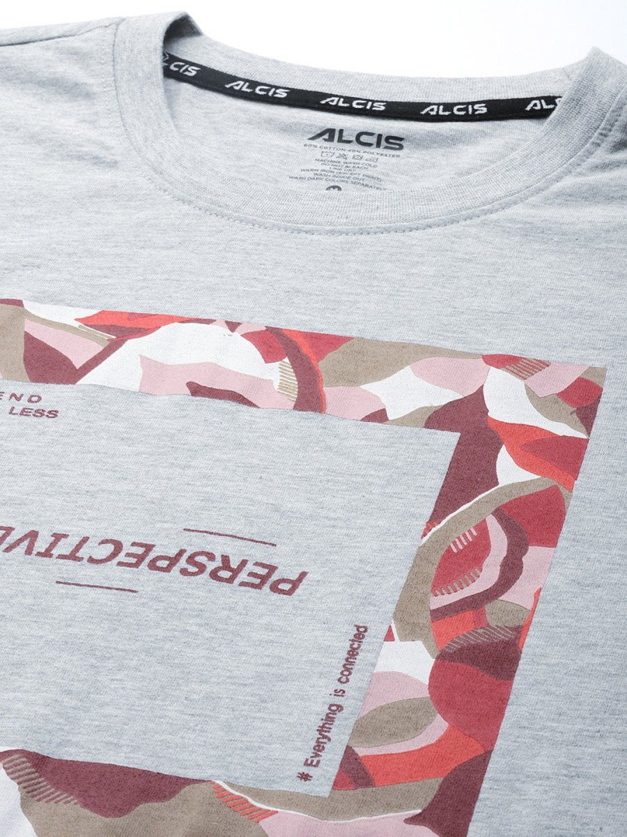 Alcis Men Grey Melange Typography Printed Slim Fit Gym T-shirt | Grocsy