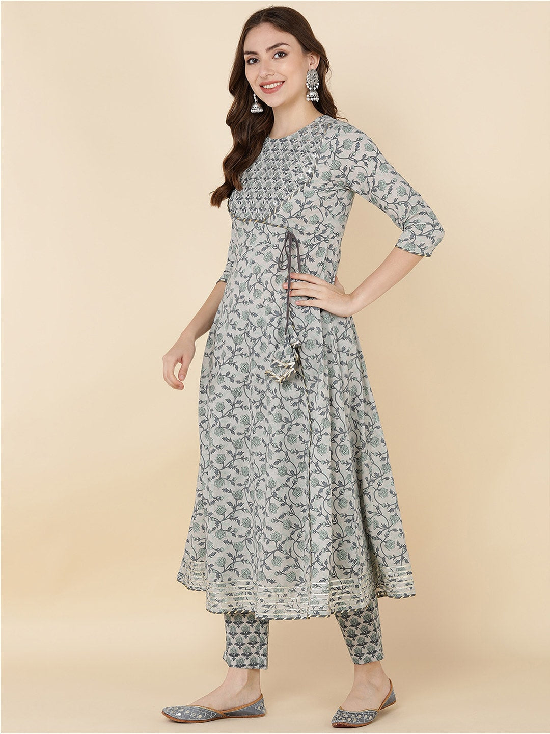 HERE&NOW Women Grey & Olive Green Embroidered Angrakha Kurta with Trousers & With Dupatta | Grocsy