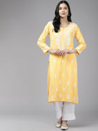 ADA Floral Embroidered Lucknowi Chikankari Cotton Silk Straight Kurta | Grocsy