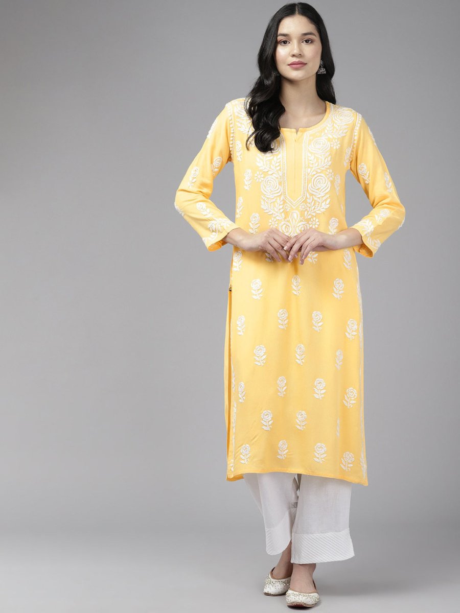 ADA Floral Embroidered Lucknowi Chikankari Cotton Silk Straight Kurta | Grocsy
