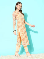 Sangria Floral Embroidered Regular Thread Work Linen Kurta with Trousers & With Dupatta | Grocsy