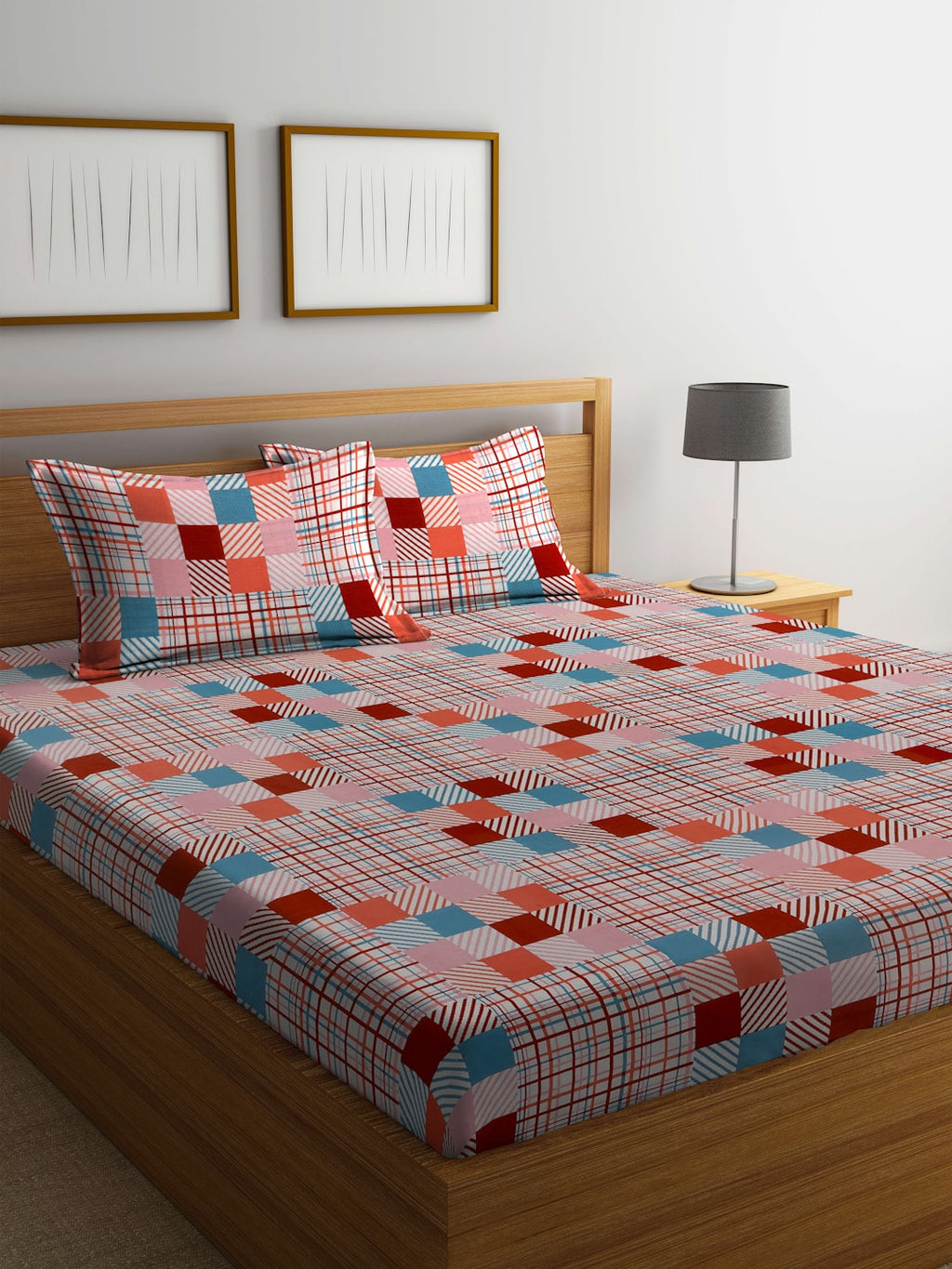 BOMBAY DYEING Marigold Pink Geometric Cotton 104 TC King Bedsheet & 2 Pillow Covers | Grocsy