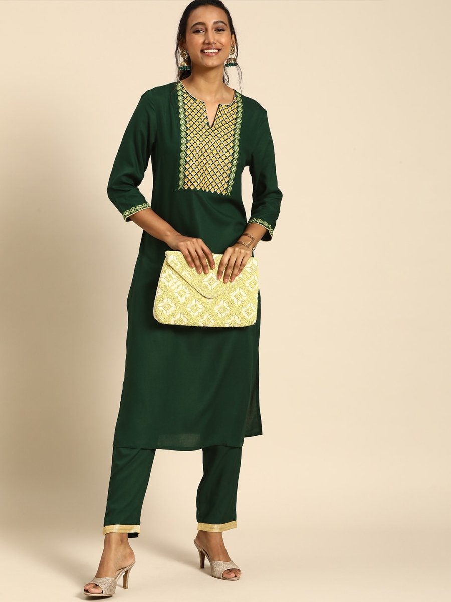 All About You Women Green Ethnic Motifs Yoke Design Regular Thread Work Kurta with Trousers | Grocsy