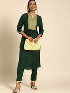 All About You Women Green Ethnic Motifs Yoke Design Regular Thread Work Kurta with Trousers | Grocsy