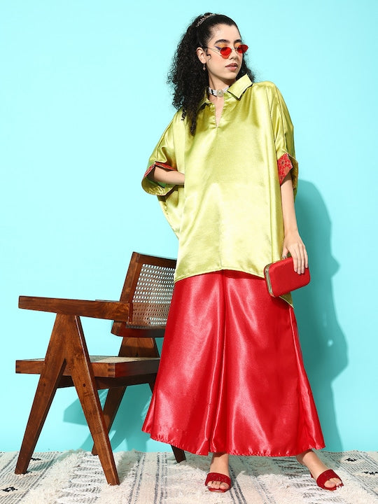 InWeave Women's Olive Red Brocade Satin Boho Kurta Red Palazzo Set | Grocsy