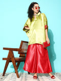 InWeave Women's Olive Red Brocade Satin Boho Kurta Red Palazzo Set | Grocsy