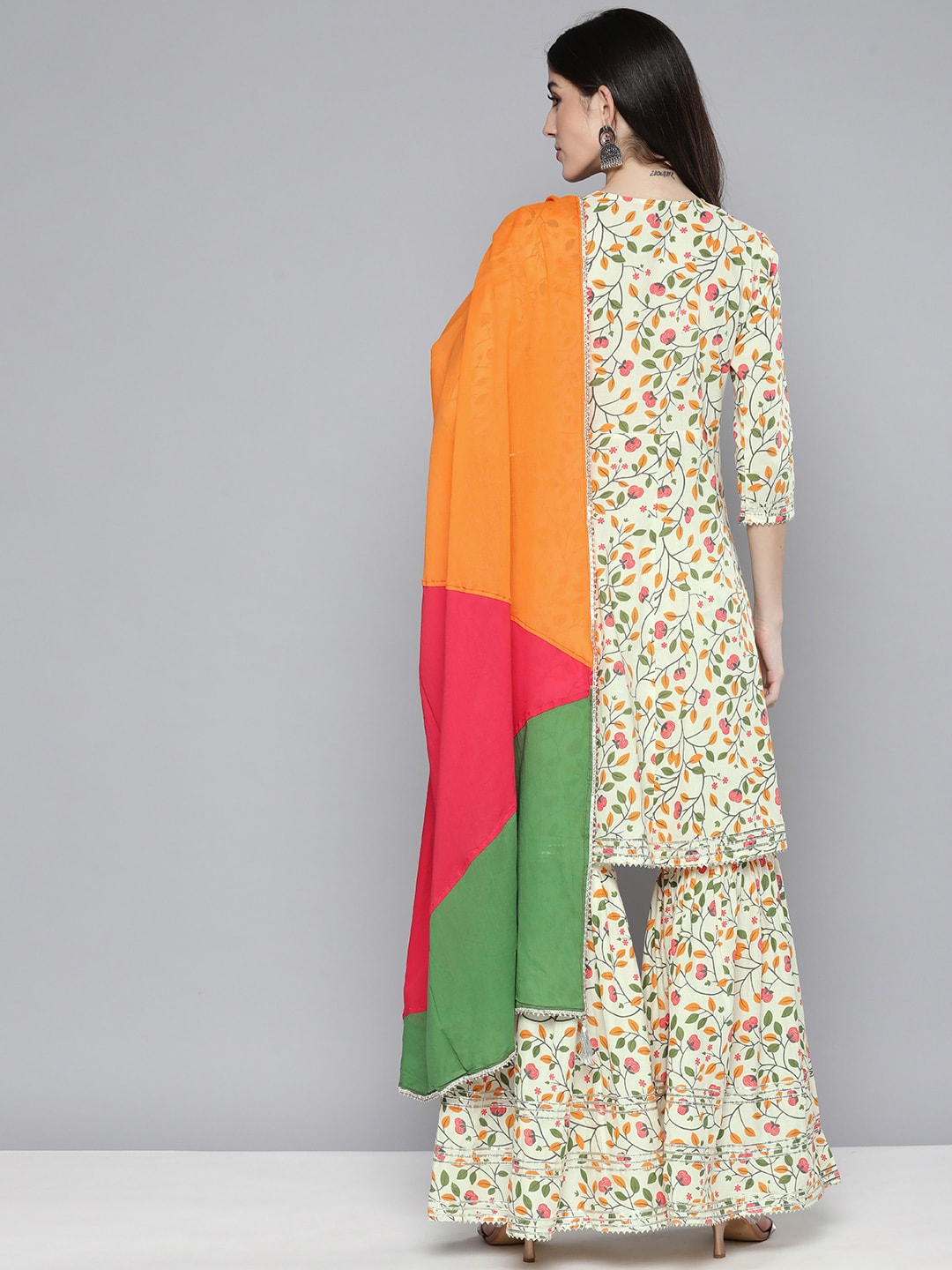 HERE&NOW Women Floral Printed Gotta Patti Pure Cotton Kurta with Sharara & Dupatta | Grocsy