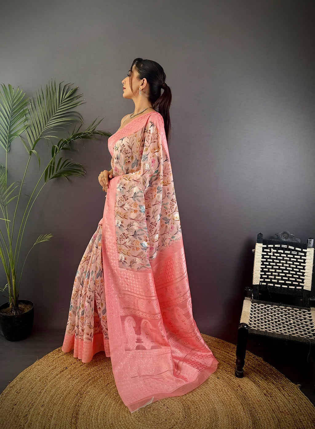 Joban Fashion Rose Pink Floral Motifs Banarasi Silk Sarees | Grocsy
