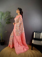 Joban Fashion Rose Pink Floral Motifs Banarasi Silk Sarees | Grocsy