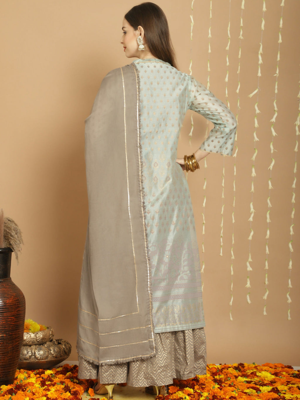 Jyoti Fashion Women's Green Chanderi Silk Elegant Jardoshi Semi Kurta with Trouser & Dupatta | Grocsy