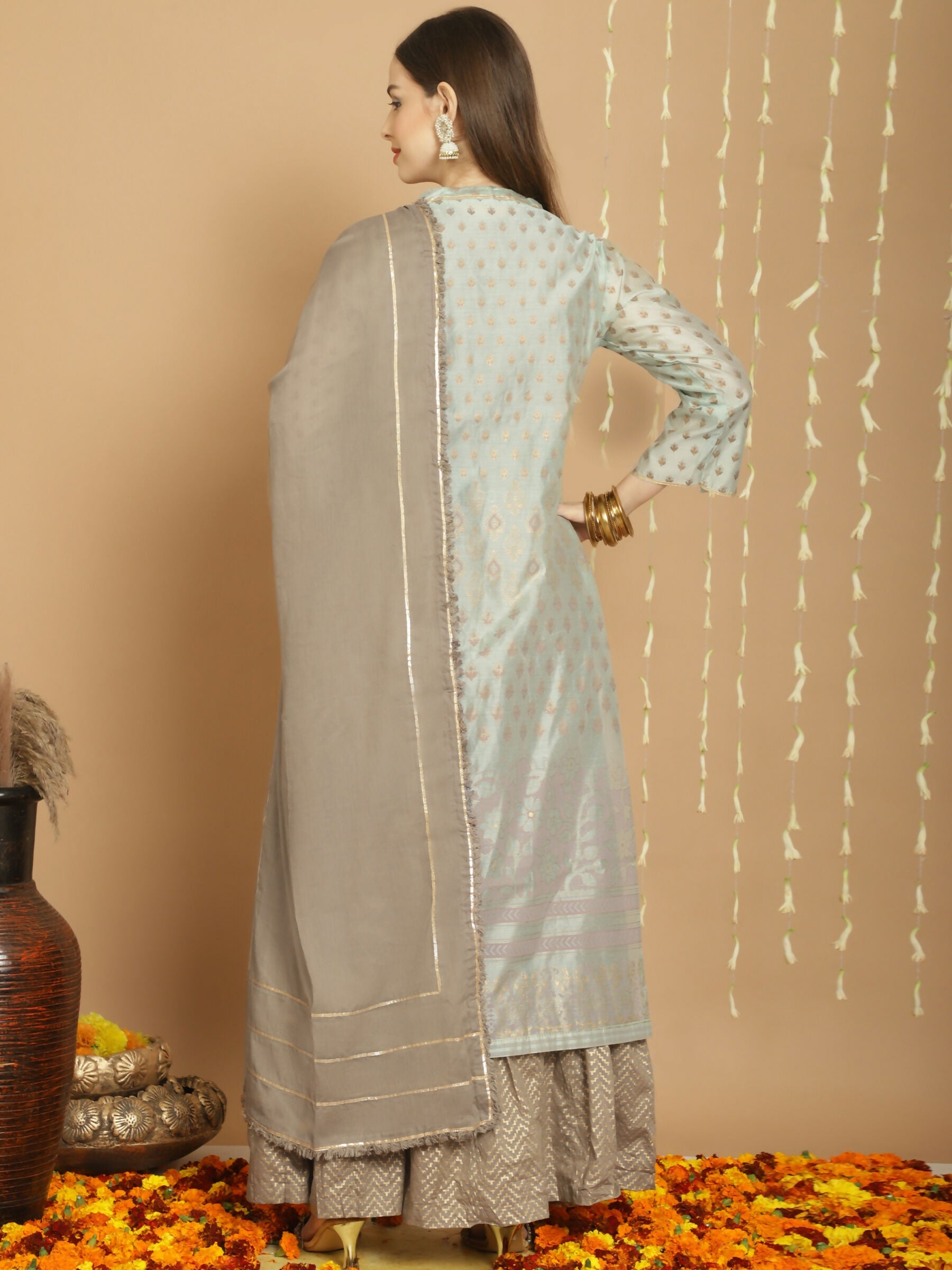 Jyoti Fashion Women's Green Chanderi Silk Elegant Jardoshi Semi Kurta with Trouser & Dupatta | Grocsy