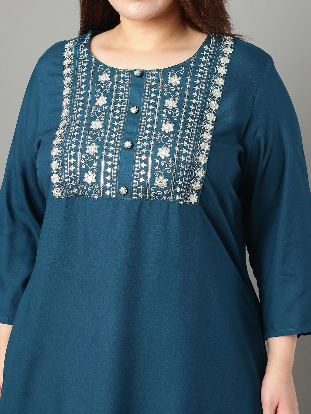 Sztori Plus Size Floral Yoke Design Mirror Work Straight Kurta | Grocsy