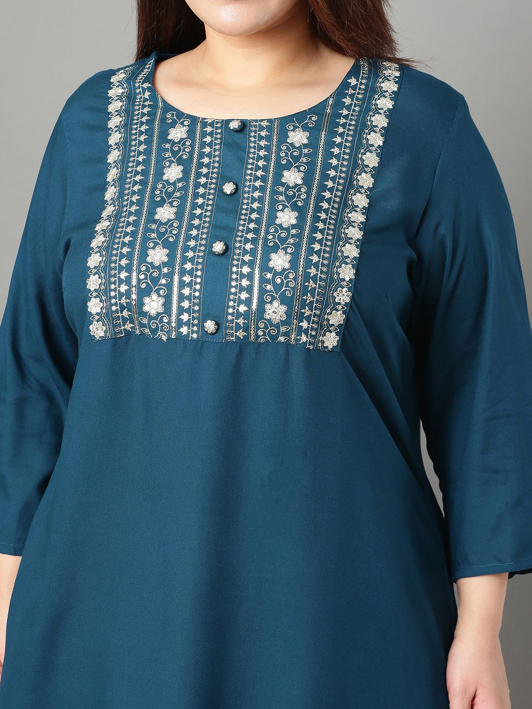 Sztori Plus Size Floral Yoke Design Mirror Work Straight Kurta | Grocsy