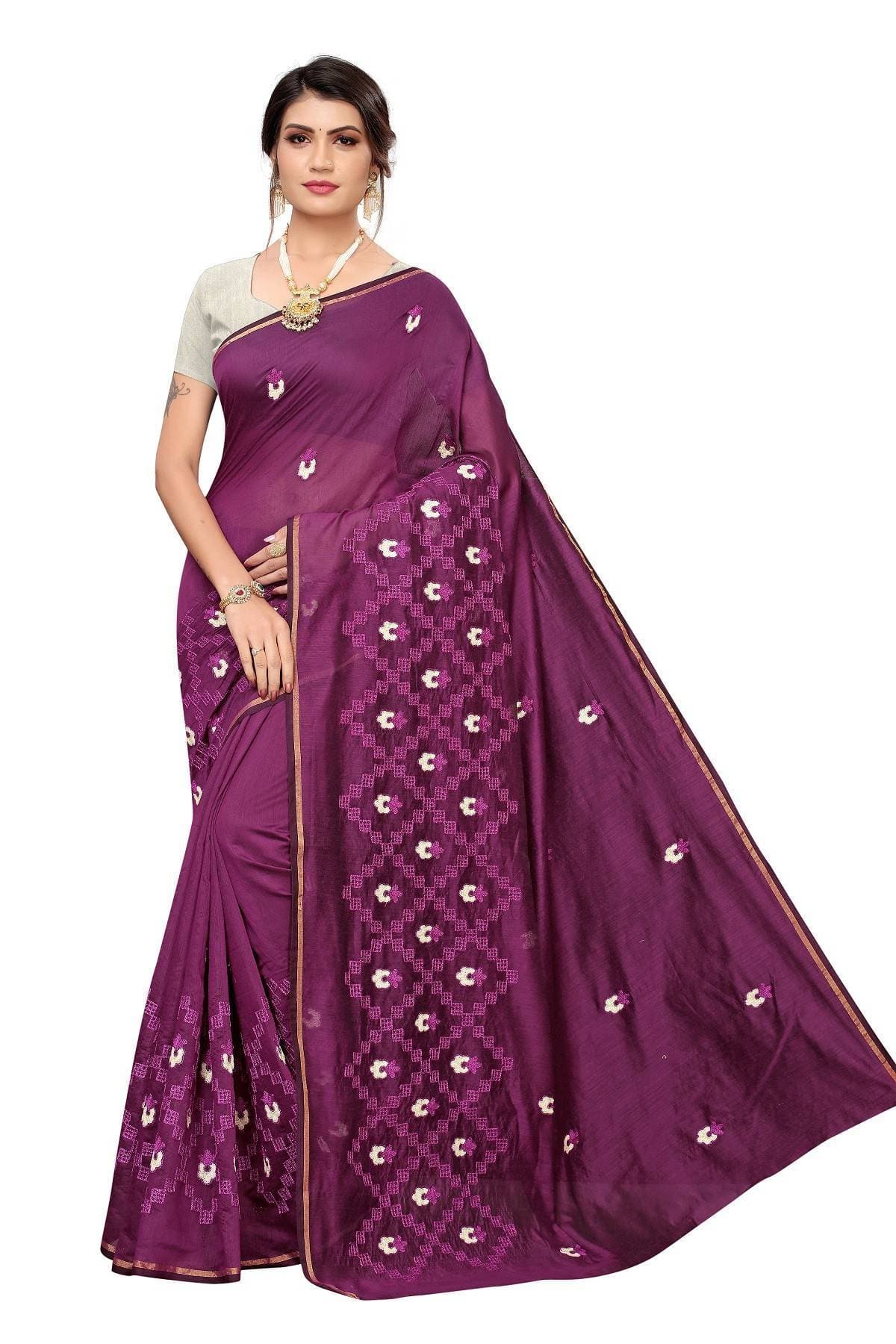 Vamika Wine Chanderi Cotton Chikankari Saree | Grocsy