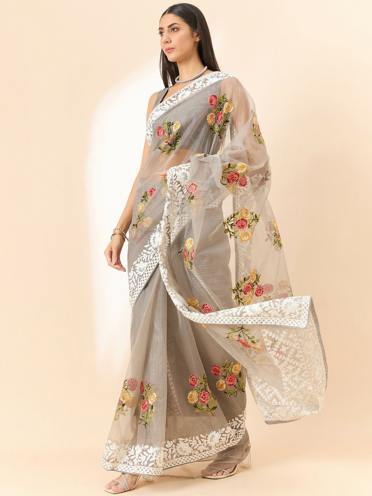 Grey Organza Floral Embroidered Saree with Unstitched Blouse Piece - Roozal | Grocsy