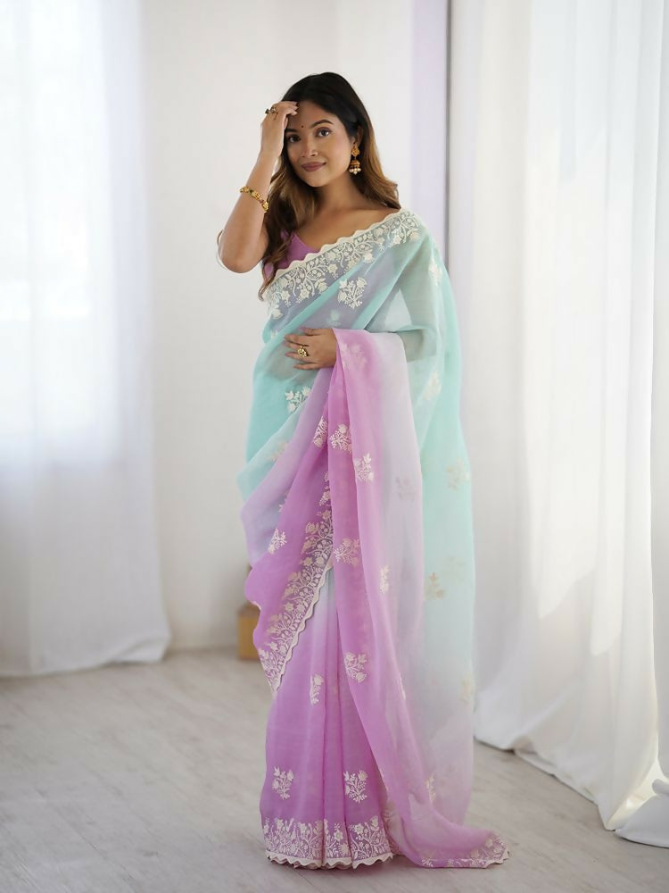 Purple Crunchy Silk Embroidery Work Party Wear Saree - Lakshita | Grocsy