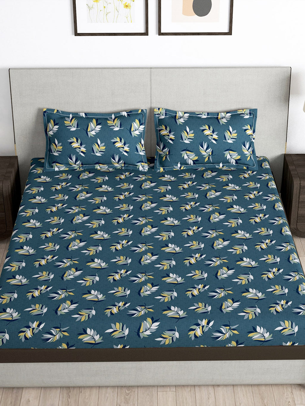 Story@home Arena Grey & Yellow Floral Printed 180 TC Queen Bedsheet & 2 Pillow Covers | Grocsy