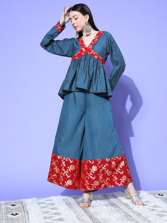 InWeave Women's Teal Red Brocade Mughal Shaan Kurta Palazzo Set | Grocsy