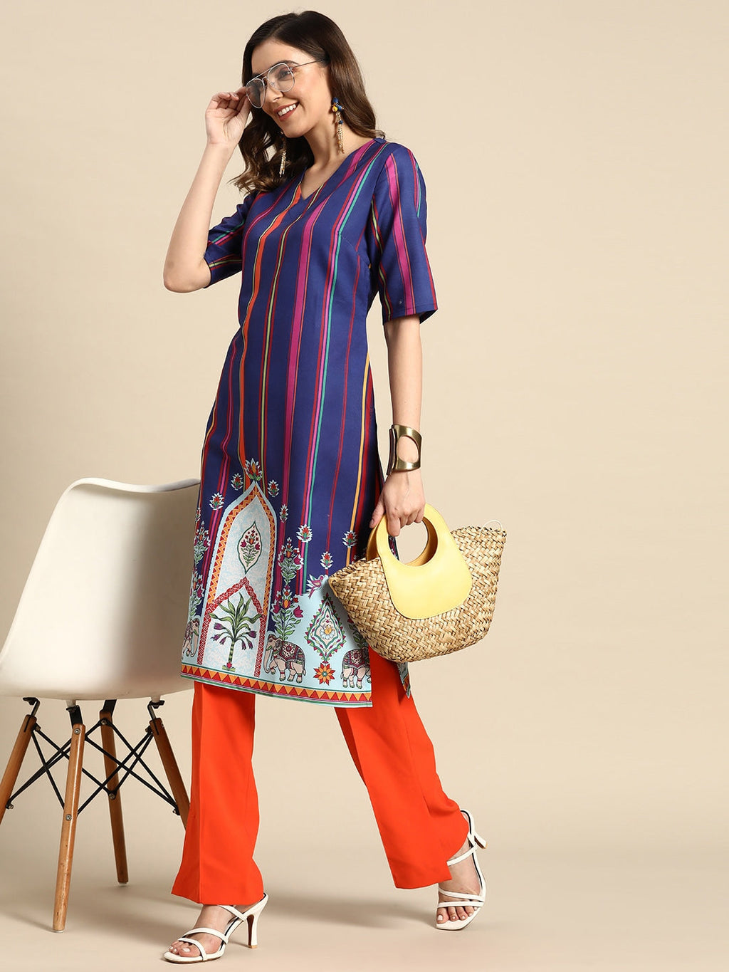 Sangria Striped & Printed Detail Kurta | Grocsy