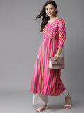 HERE&NOW Women Stripes & Tie-Up A-Line Viscose Kurta | Grocsy