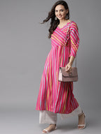 HERE&NOW Women Stripes & Tie-Up A-Line Viscose Kurta | Grocsy