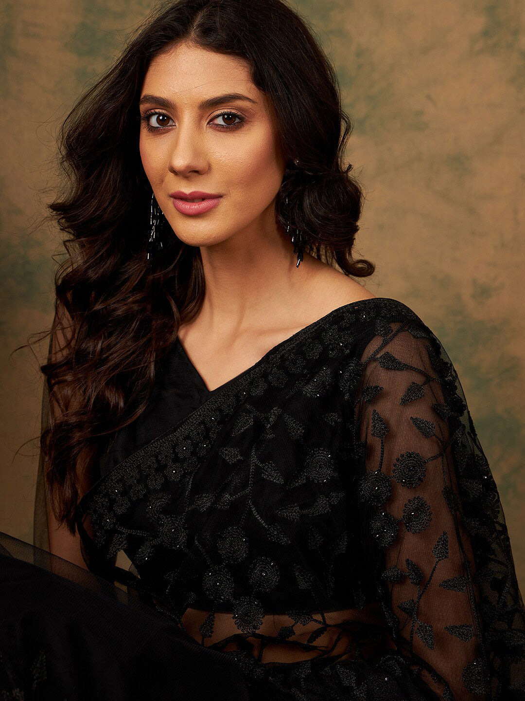 Sangria Floral Embroidered Net Saree | Grocsy