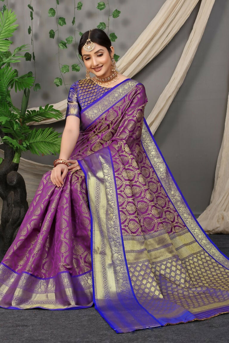 Jyoti Fashion Women's Purple Kanjivaram Silk Zari Woven Saree with Blouse | Grocsy