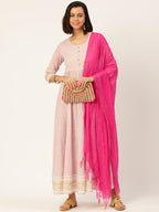 HERE&NOW Women White And Pink Polka Dot Print Cotton Anarkali Kurta With Dupatta | Grocsy
