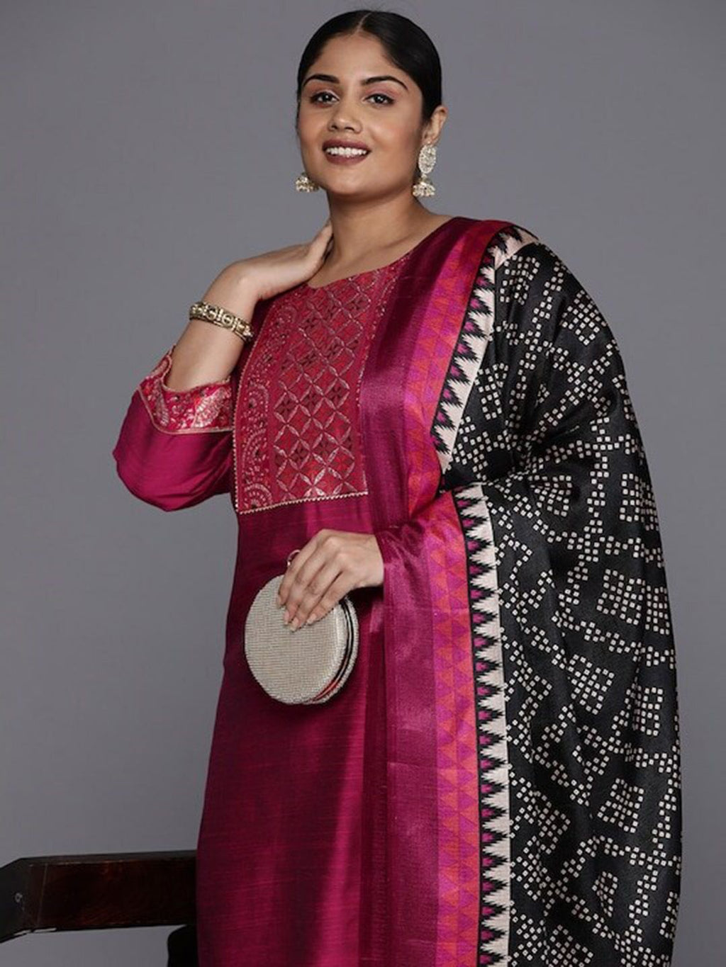 Sztori Plus Size Yoke Design Regular Patchwork Kurta With Trousers & Dupatta | Grocsy