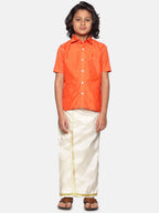 Sethukrishna Boys Orange & White Solid Shirt with Dhoti Set | Grocsy