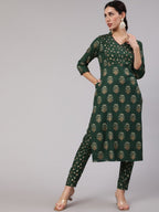 Aks Women Ethnic Motifs Printed Angrakha Kurta with Trousers | Grocsy