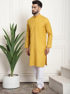 Sojanya Men Mustard Yellow Pure Cotton Kurta with Churidar & Nehru Jacket | Grocsy