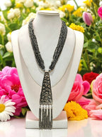 Inhanns Day-To-Dinner Tie Shaped Oxidized Black Metal Multi-Layered Long Only Necklace - Silver | Grocsy