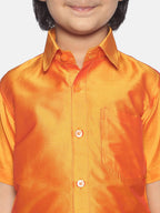 Sethukrishna Boys Orange & White Solid Shirt and Veshti Set | Grocsy