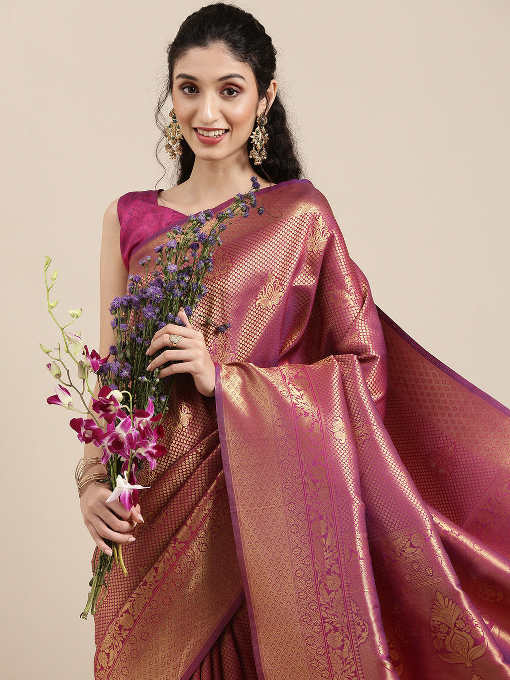 Saree Mall Magenta Ethnic Motifs Zari Silk Blend Banarasi Saree | Grocsy
