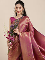 Saree Mall Magenta Ethnic Motifs Zari Silk Blend Banarasi Saree | Grocsy