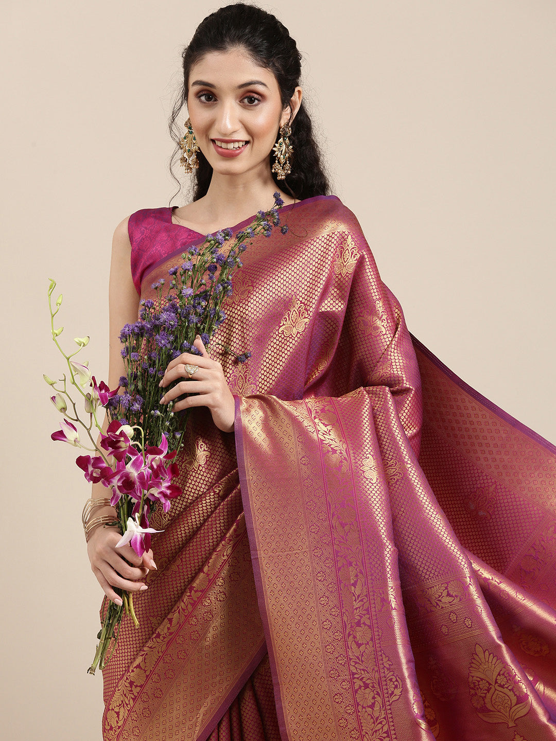 Saree Mall Magenta Ethnic Motifs Zari Silk Blend Banarasi Saree | Grocsy