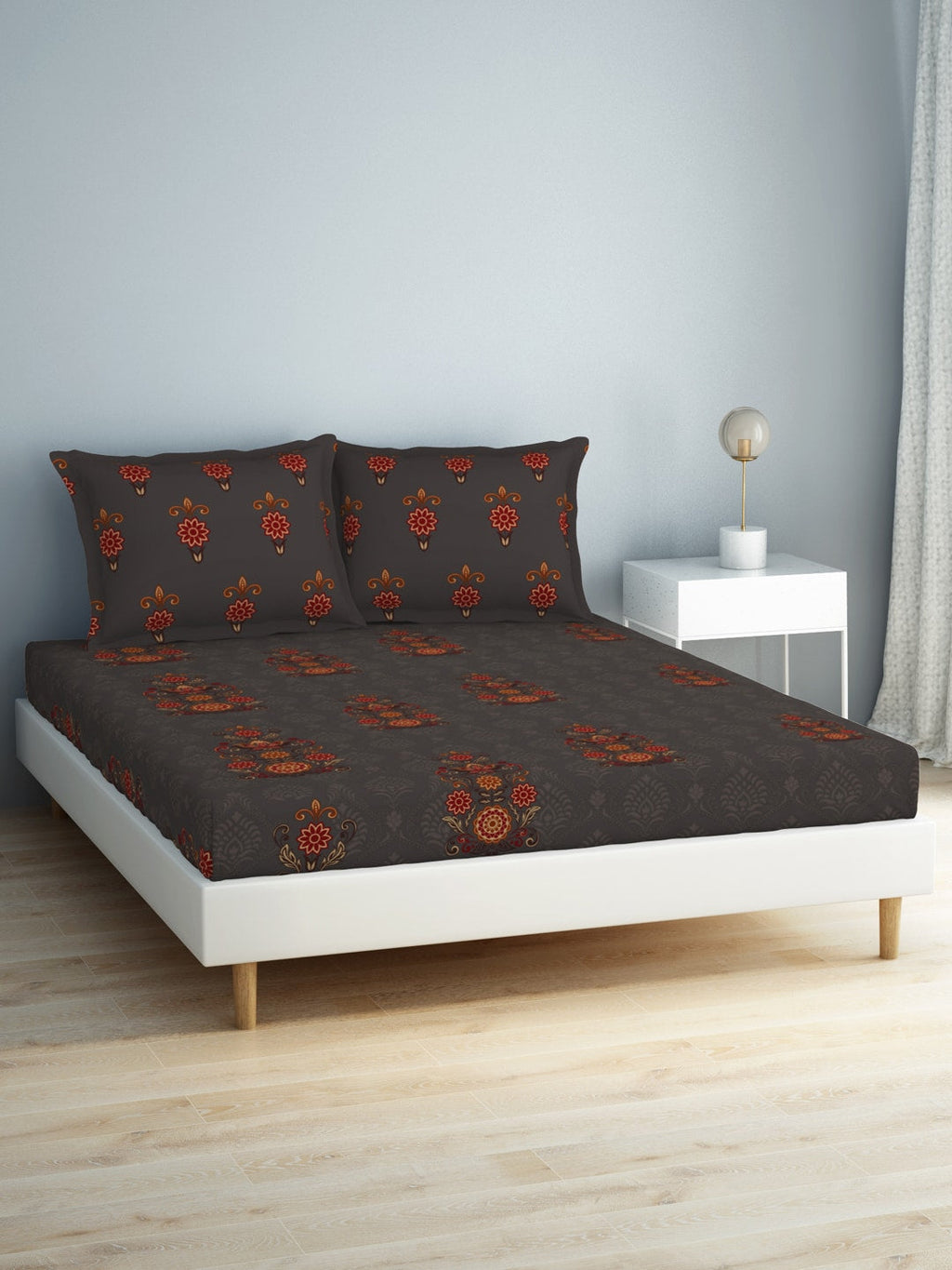 SPACES Aurum Grey Ethnic Motifs Pure Cotton 140 TC Queen Bedsheet with 2 Pillow Covers | Grocsy